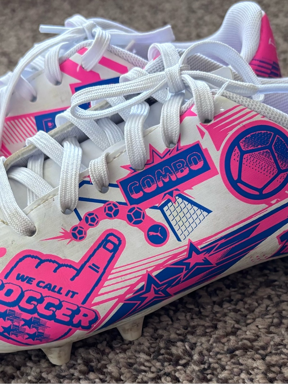 Puma Kids White Pink Blue Soccer Cleats